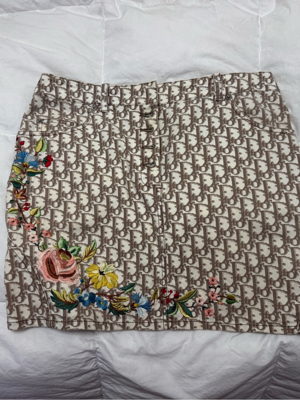 Vintage 2005 Christian Dior Oblique Embroidered Denim Mini Skirt Brown & Cream